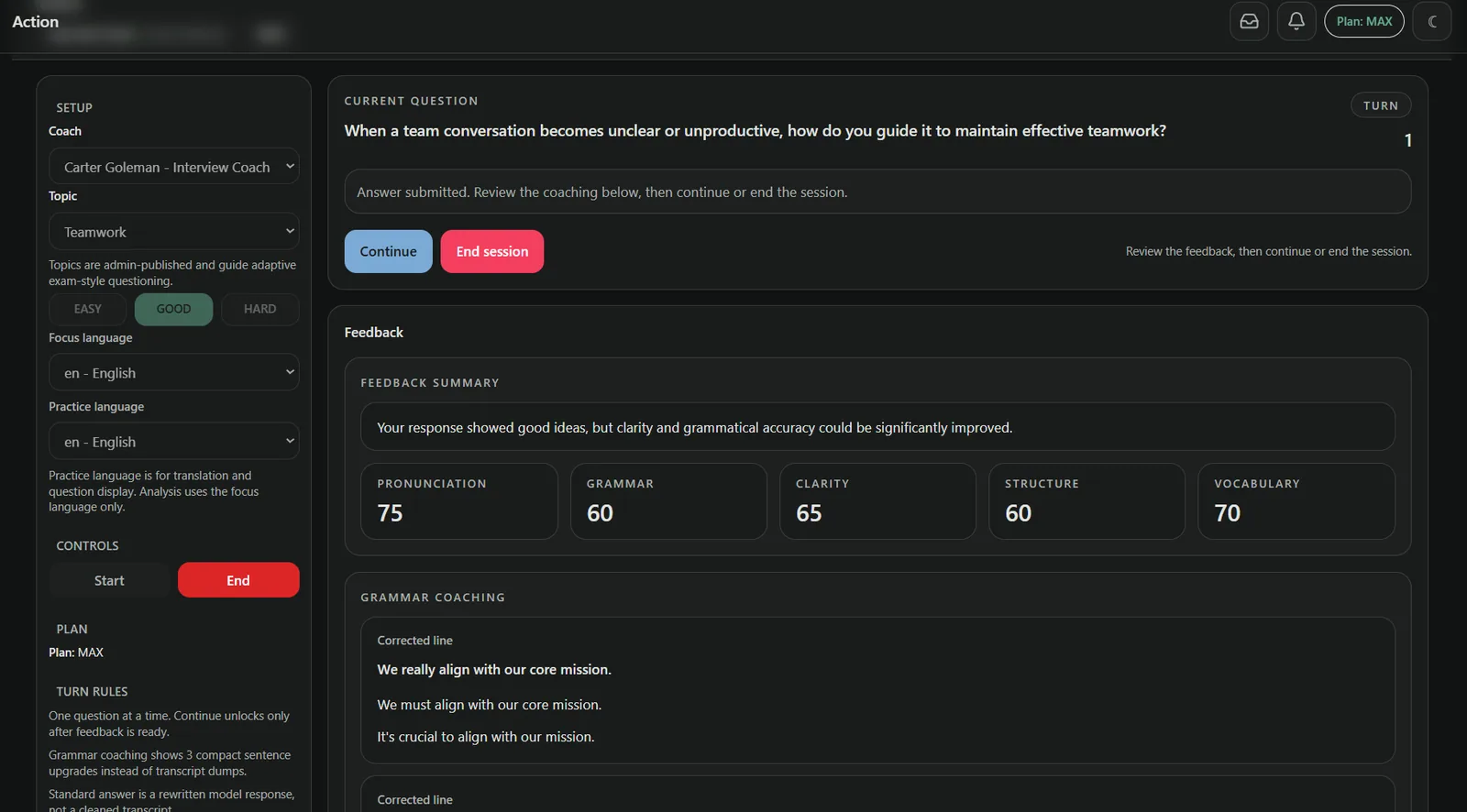 Action practice screen showing an AI prompt and feedback.