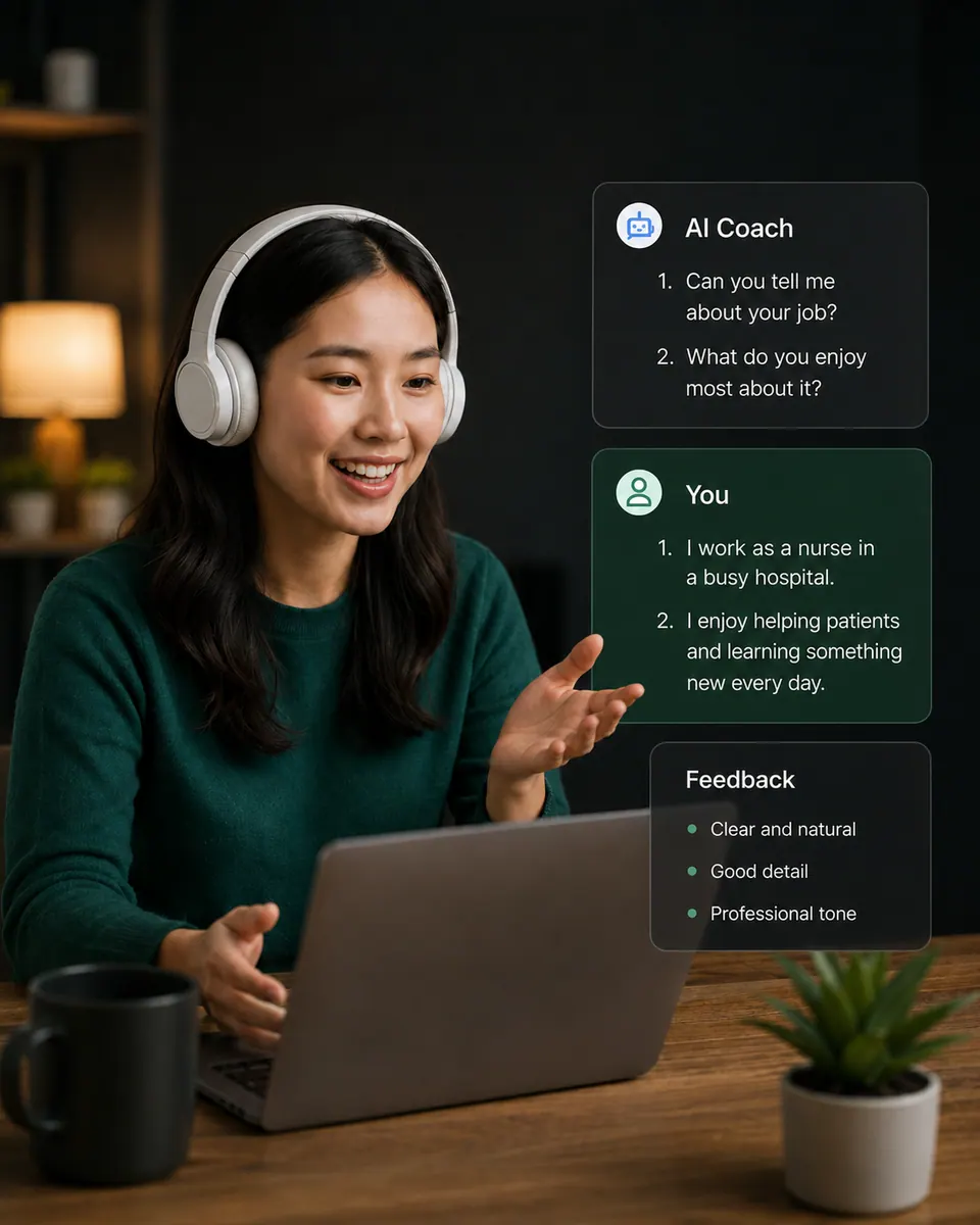 Learner practicing communication with an AI coach, example answers, and feedback.